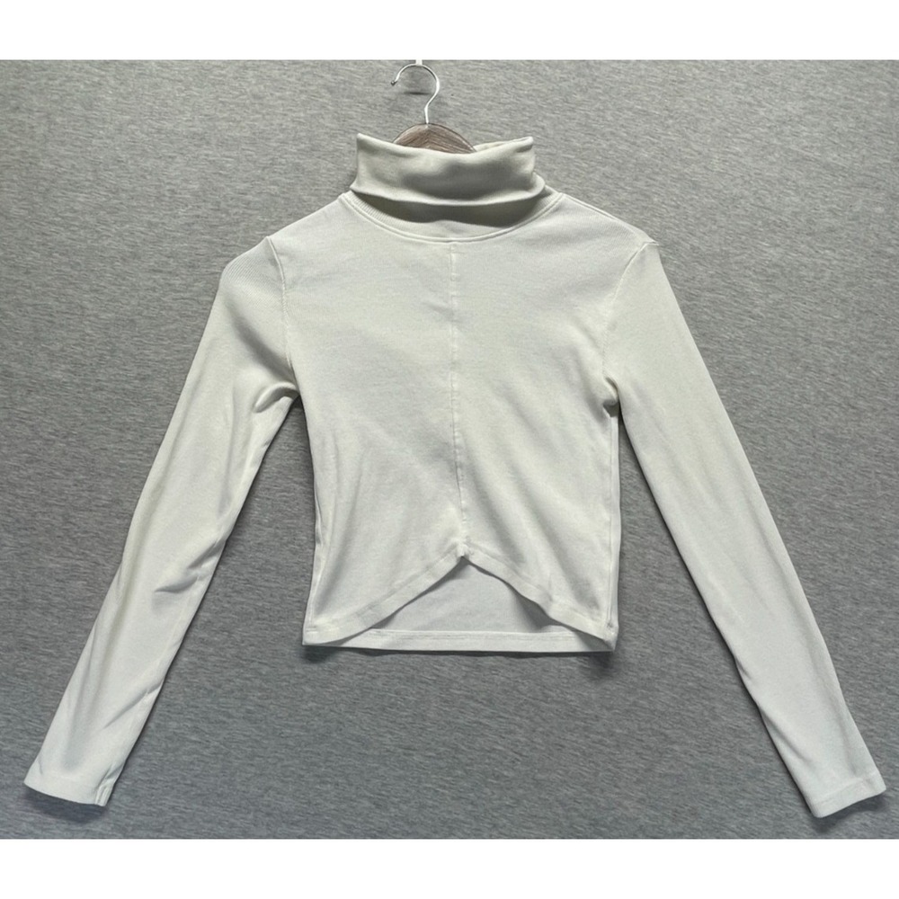 Forever 21 Cropped Top Women Medium White Ribbed Knit Cotton Stretch Turtleneck